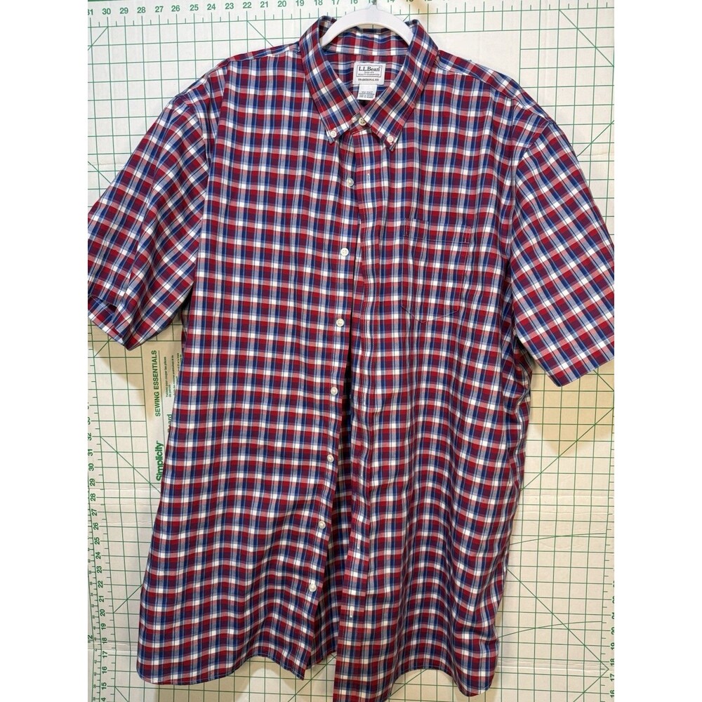 L.L. Bean Shirt Mens 2XL Tall Red Plaid Short Sleeve Button Up Pocket